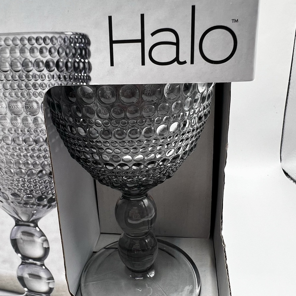 NIB 4 Smoke Gray Stemmed Halo Wine Goblets Hobnail Hobknob Design 10.5 oz - Picture 3 of 12